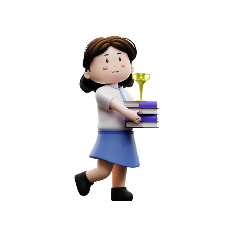 Female holding a book with a trophy  3D Icon