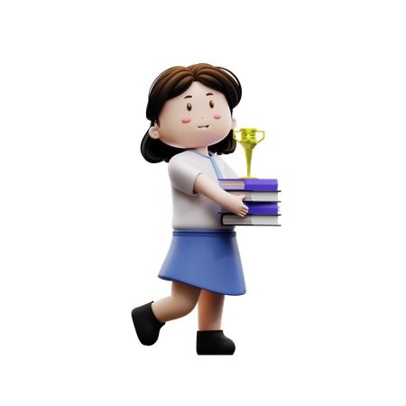 Female holding a book with a trophy  3D Illustration