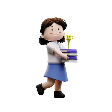 Female holding a book with a trophy  3D Illustration