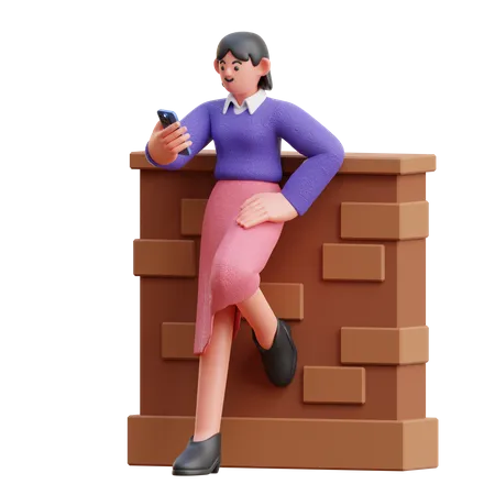 Female Look At Smartphone Leaning On The Wall  3D Illustration