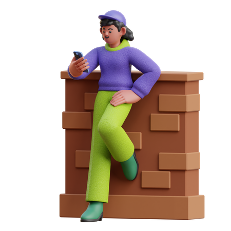Female Look At Smartphone Leaning On The Wall 3D Illustration