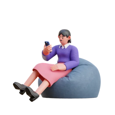 Female Look At Smartphone Sitting On Bean Bag  3D Illustration