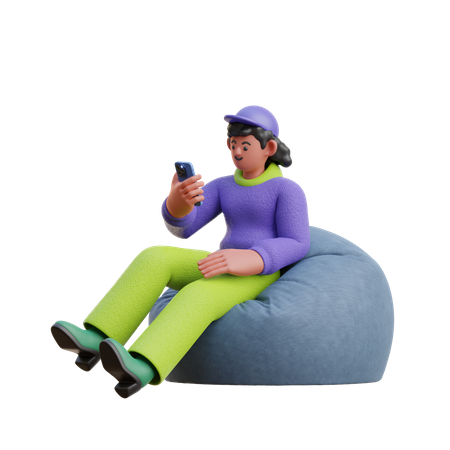 Female Look At Smartphone Sitting On Bean Bag  3D Illustration