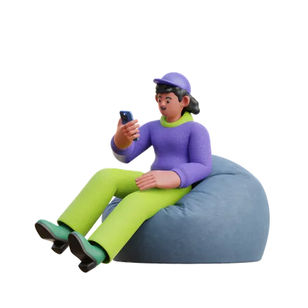 Female Look At Smartphone Sitting On Bean Bag  3D Illustration