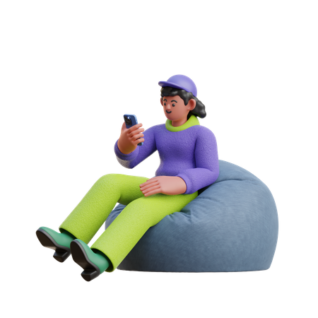 Female Look At Smartphone Sitting On Bean Bag 3D Illustration