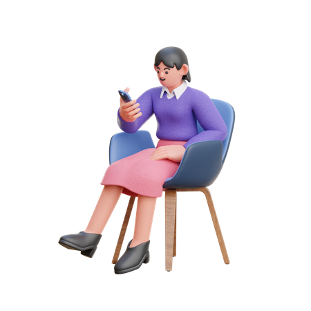 Female Look At Smartphone Sitting On Chair  3D Illustration