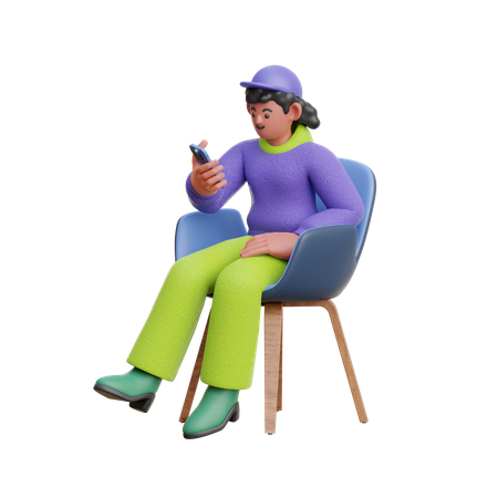 Female Look At Smartphone Sitting On Chair  3D Illustration