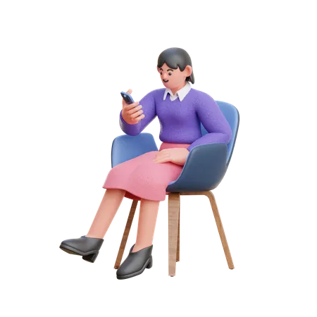 Female Look At Smartphone Sitting On Chair 3D Illustration