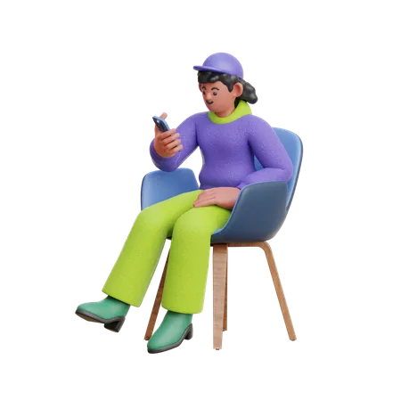Female Look At Smartphone Sitting On Chair 3D Illustration
