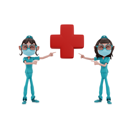 Female Nurses pointing hospital sign  3D Illustration