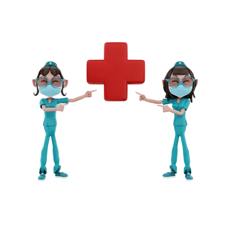 Female Nurses pointing hospital sign  3D Illustration