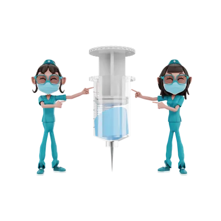 Female Nurses pointing injection  3D Illustration