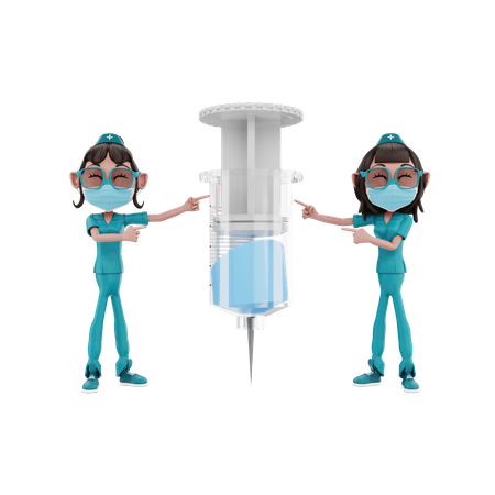 Female Nurses pointing injection 3D Illustration