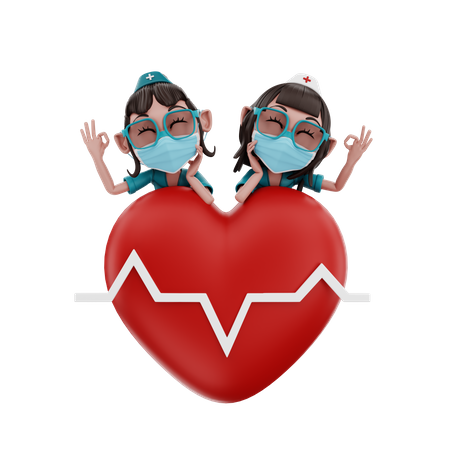 Female Nurses standing with heart sign  3D Icon