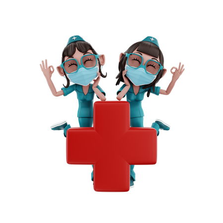 Female Nurses with hospital sign  3D Illustration