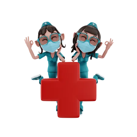 Female Nurses with hospital sign  3D Illustration