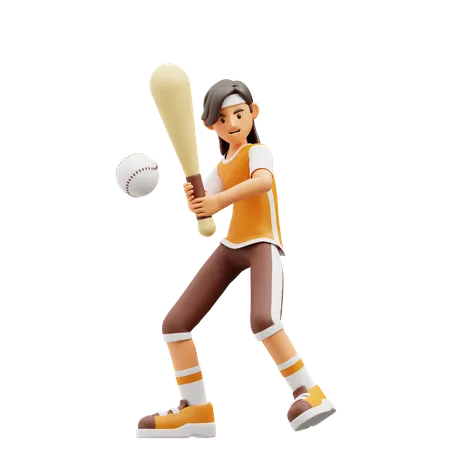 Female Player Playing Baseball  3D Illustration