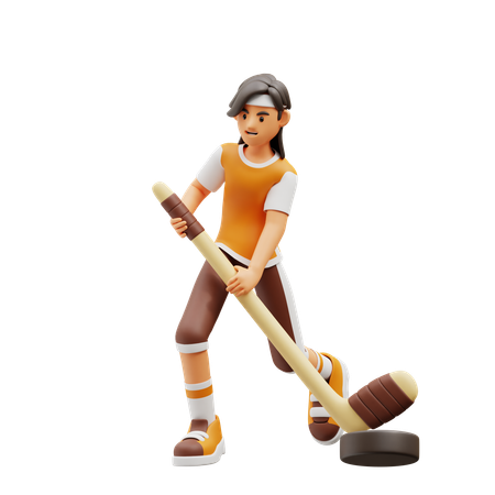 Female Player Playing Hockey  3D Icon
