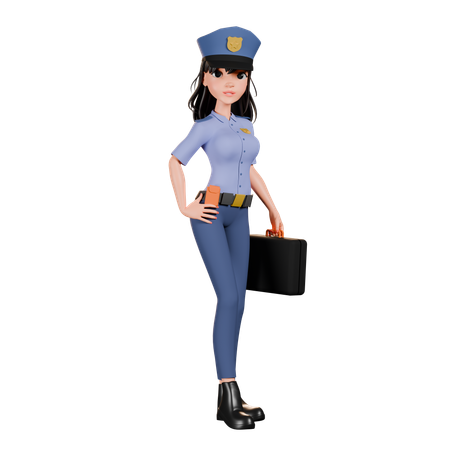 スーツケースを運ぶ女性警察官  3D Illustration