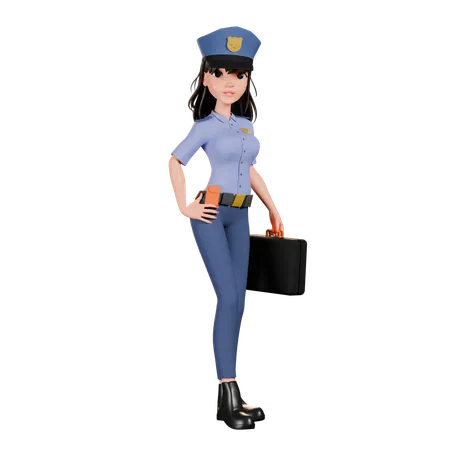 スーツケースを運ぶ女性警察官  3D Illustration