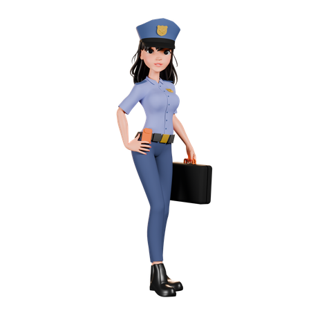 Female Police Officer Carrying Suitcase  3D Illustration