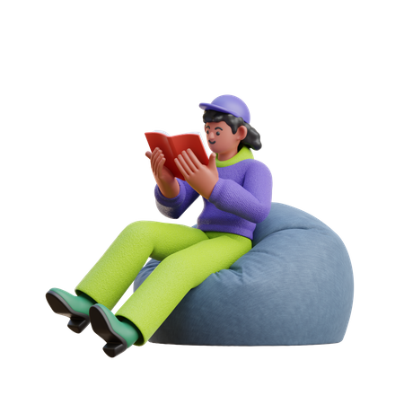 Female Reading A Book While Sitting On Bean Bag  3D Illustration