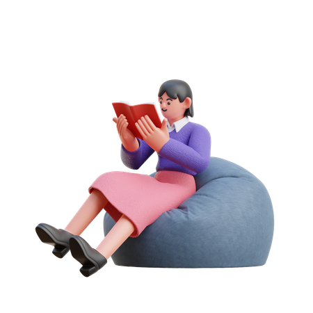 Female Reading A Book While Sitting On Bean Bag 3D Illustration