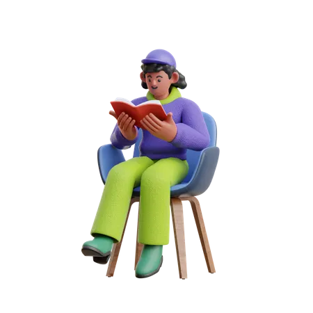 Female Reading A Book While Sitting On Chair  3D Illustration