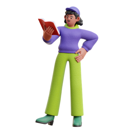 Female Reading A Book While Standing 3D Illustration