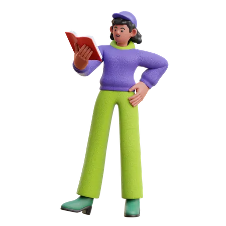 Female Reading A Book While Standing  3D Illustration