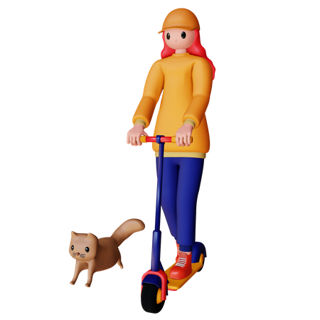 Female riding scooter with cat  3D Illustration