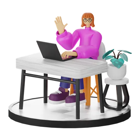 Female Saying Hi at Workspace  3D Illustration