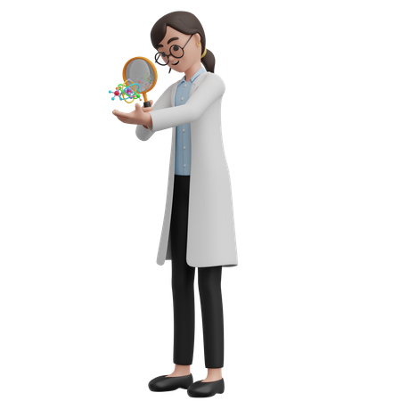 Female Scientist Zoom In Atom  3D Illustration