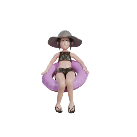 Female sitting on floating balloon  3D Illustration