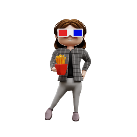 Female standing and holding french fries box 3D Illustration
