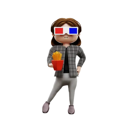 Female standing and holding french fries box 3D Illustration