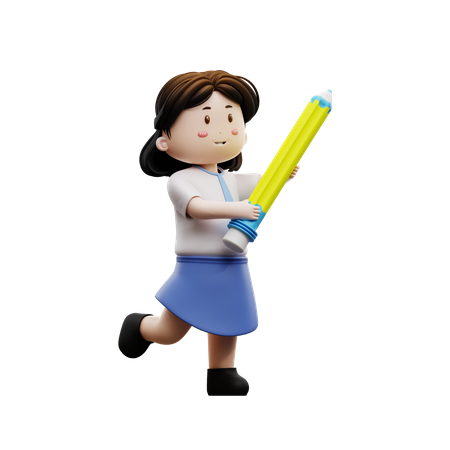 Female student holding a pencil  3D Illustration