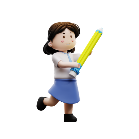 Female student holding a pencil 3D Illustration