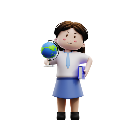Female student holding book and globe  3D Illustration