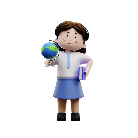 Female student holding book and globe  3D Illustration
