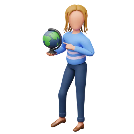 Female Student Holding Globe  3D Illustration