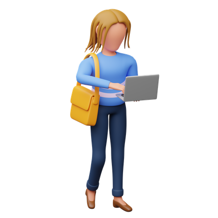 Female Student Holding Laptop  3D Illustration