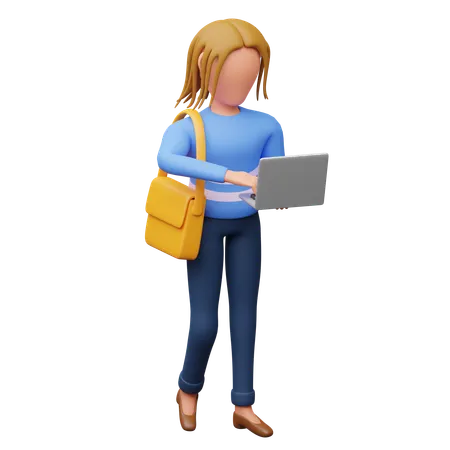 Female Student Holding Laptop  3D Illustration