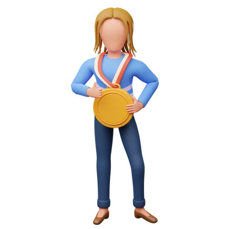 Female Student Holding Medal  3D Illustration