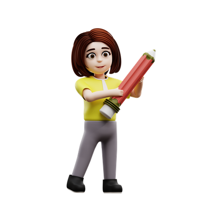 Female student holding pencil  3D Illustration