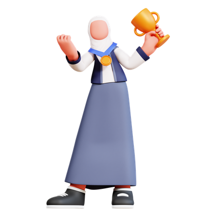 Female Student Holding Trophy Cup  3D Icon