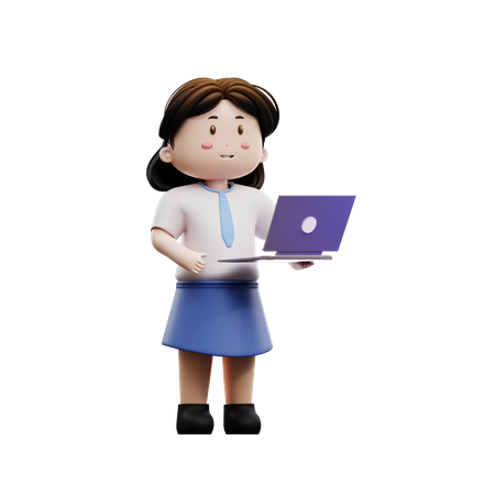 Female student playing laptop  3D Illustration