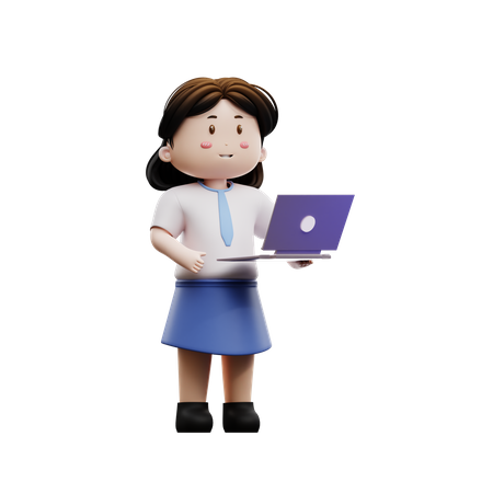 Female student playing laptop 3D Illustration