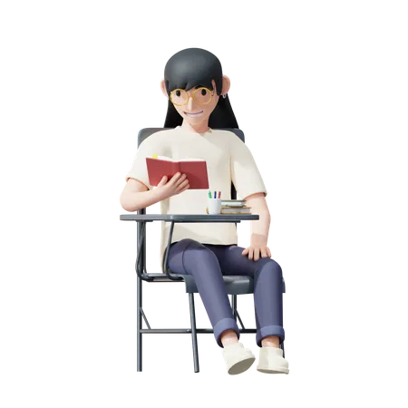 Female student reading book  3D Illustration