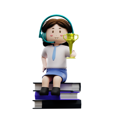 Female student sitting on a book  3D Illustration